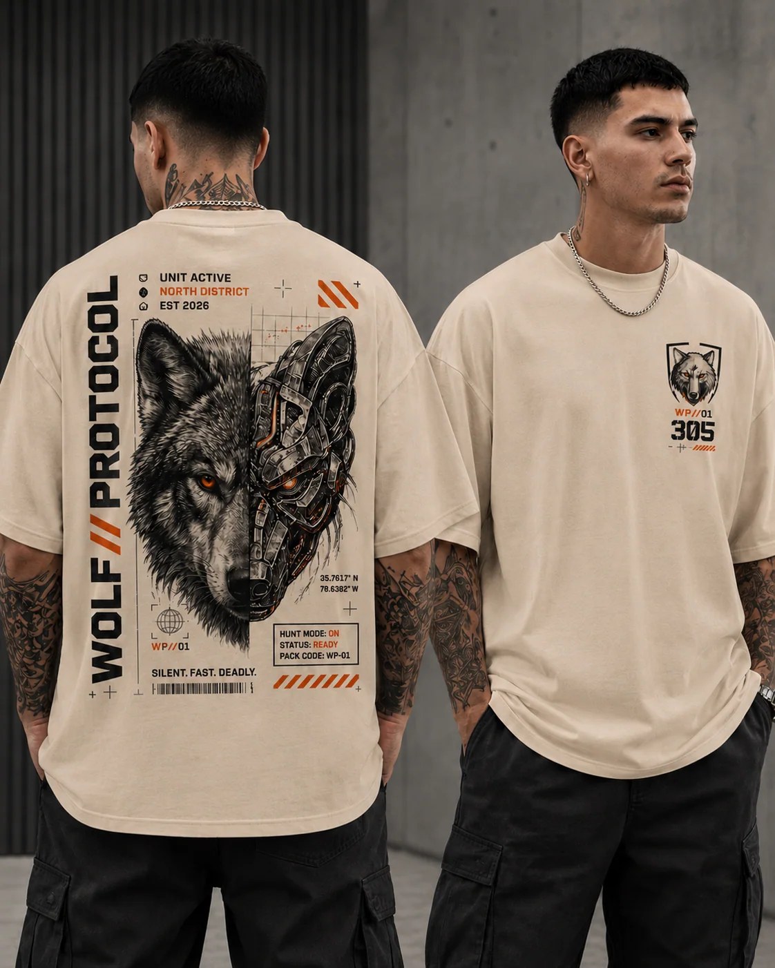 ILEERA® Premium Cotton Oversized Wolf Protocol T-Shirt