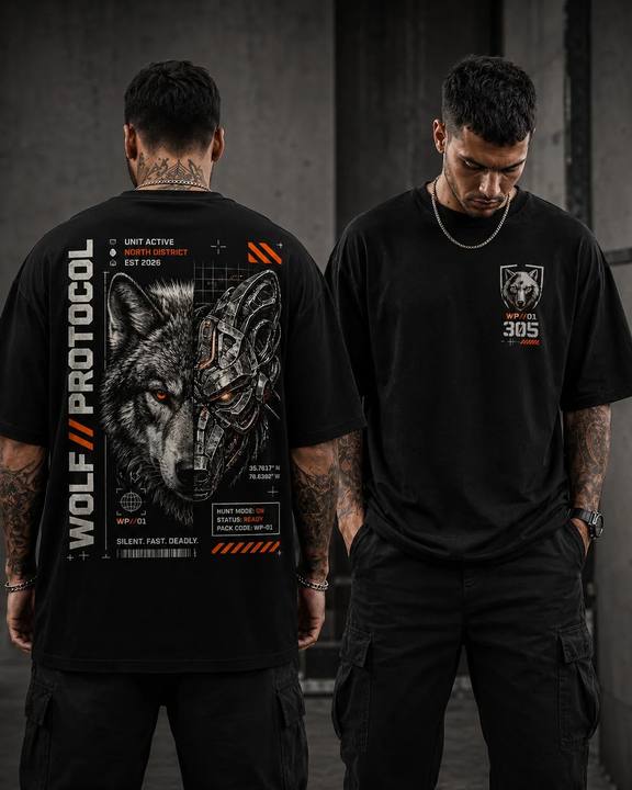 ILEERA® Premium Cotton Oversized Wolf Protocol T-Shirt