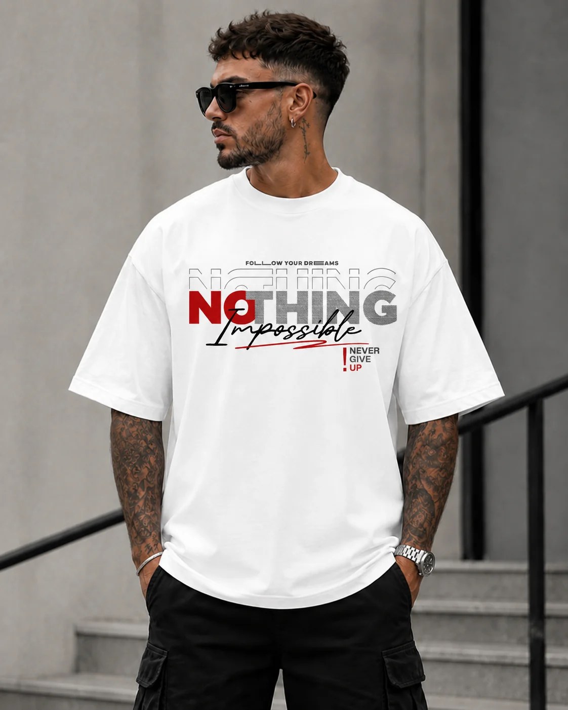 ILEERA® Premium Cotton Oversized Nothing Impossible T-Shirt