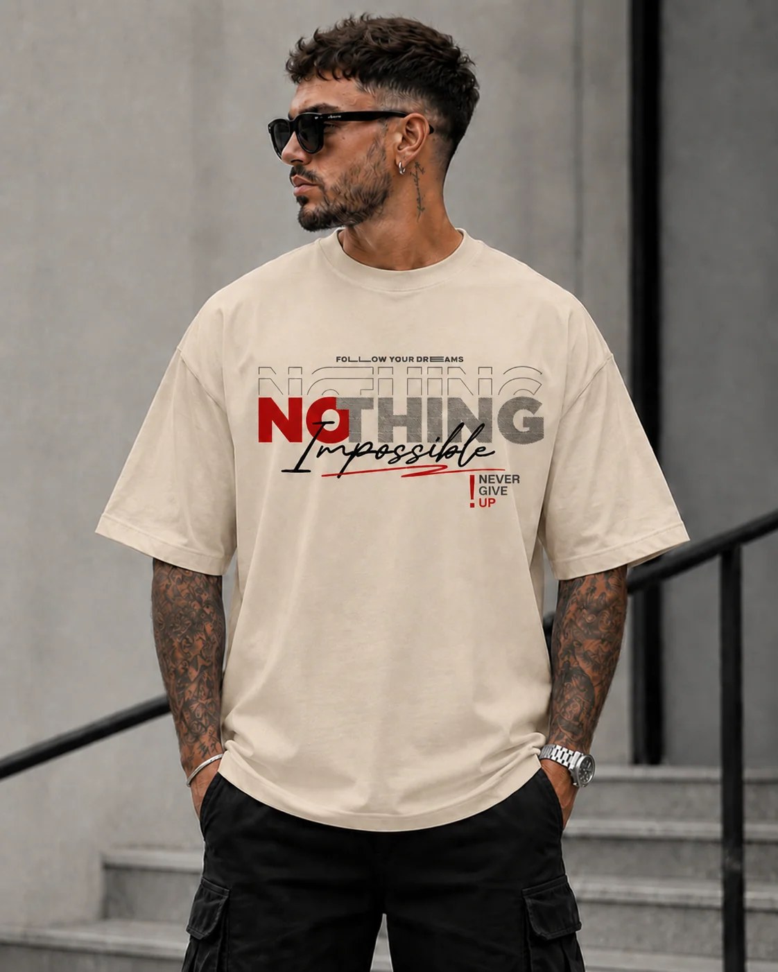 ILEERA® Premium Cotton Oversized Nothing Impossible T-Shirt