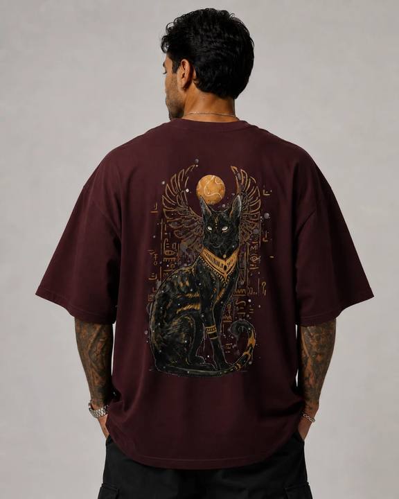 ILEERA® Premium Cotton Oversized Egyptian Cat Back Print T-Shirt