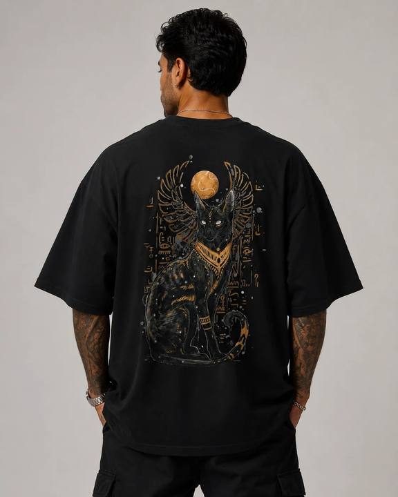 ILEERA® Premium Cotton Oversized Egyptian Cat Back Print T-Shirt
