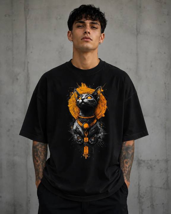 ILEERA® Premium Cotton Oversized Egyptian Cat Graphic T-Shirt