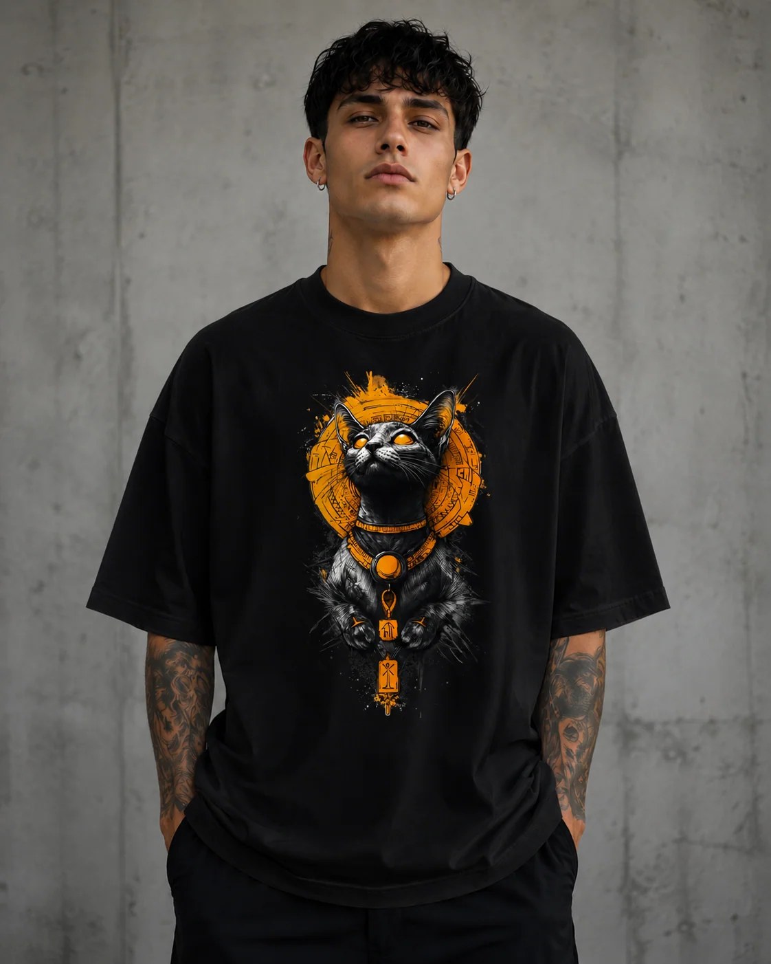 ILEERA® Premium Cotton Oversized Egyptian Cat Graphic T-Shirt