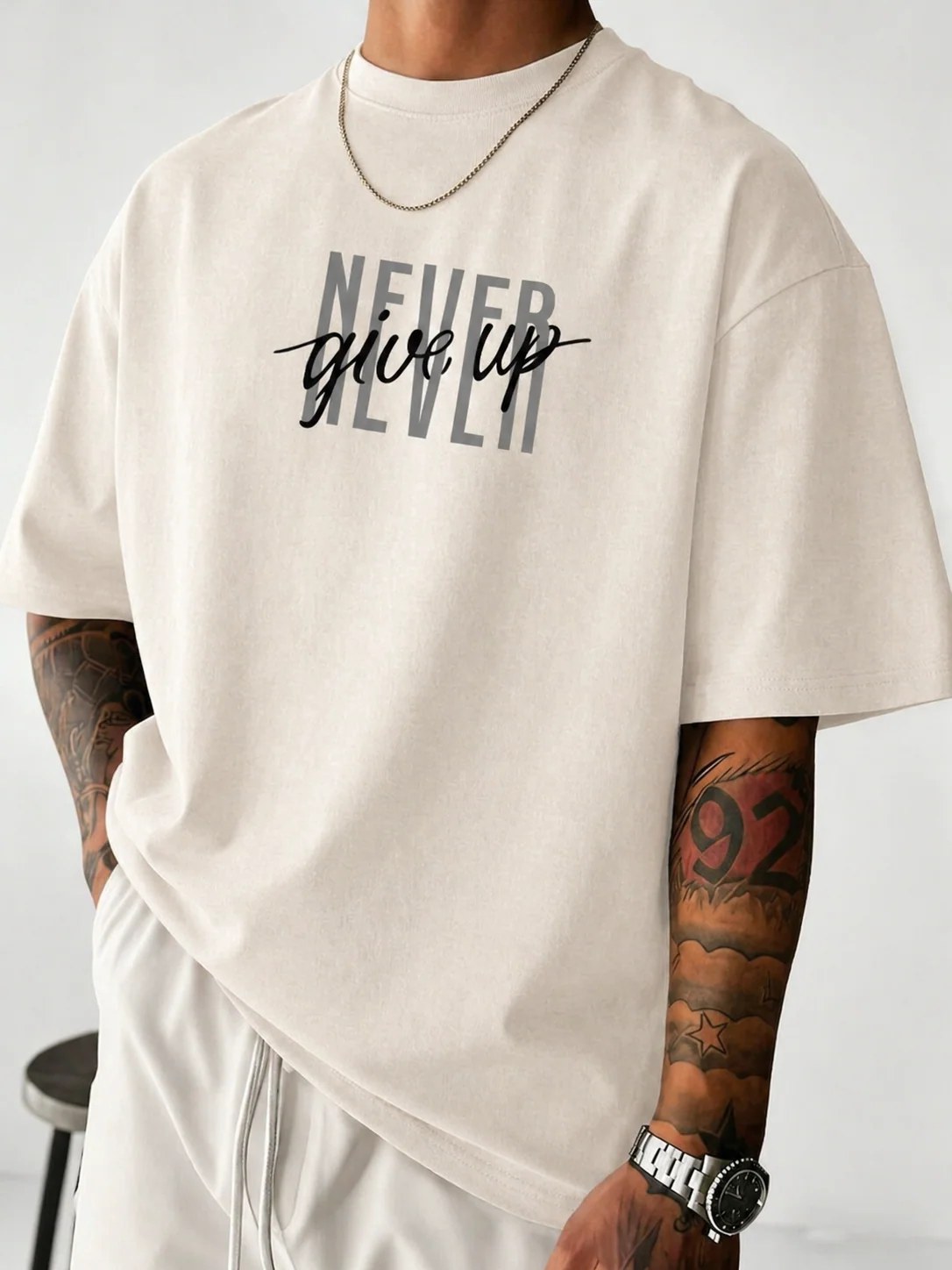 ILEERA® Premium Cotton Oversized Never Give Up T-Shirt