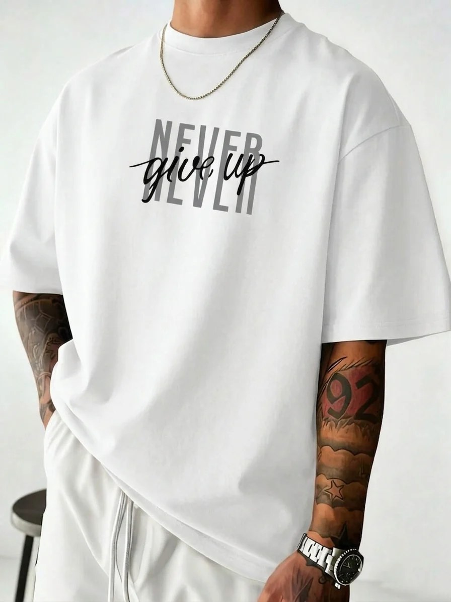 تيشيرت أوفر سايز قطن 100% بطبعة Never Give Up ستايل شبابي مريح