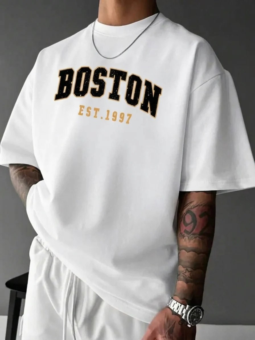 تيشيرت أوفر سايز قطن 100% بطبعة Boston ستايل كاجوال مريح