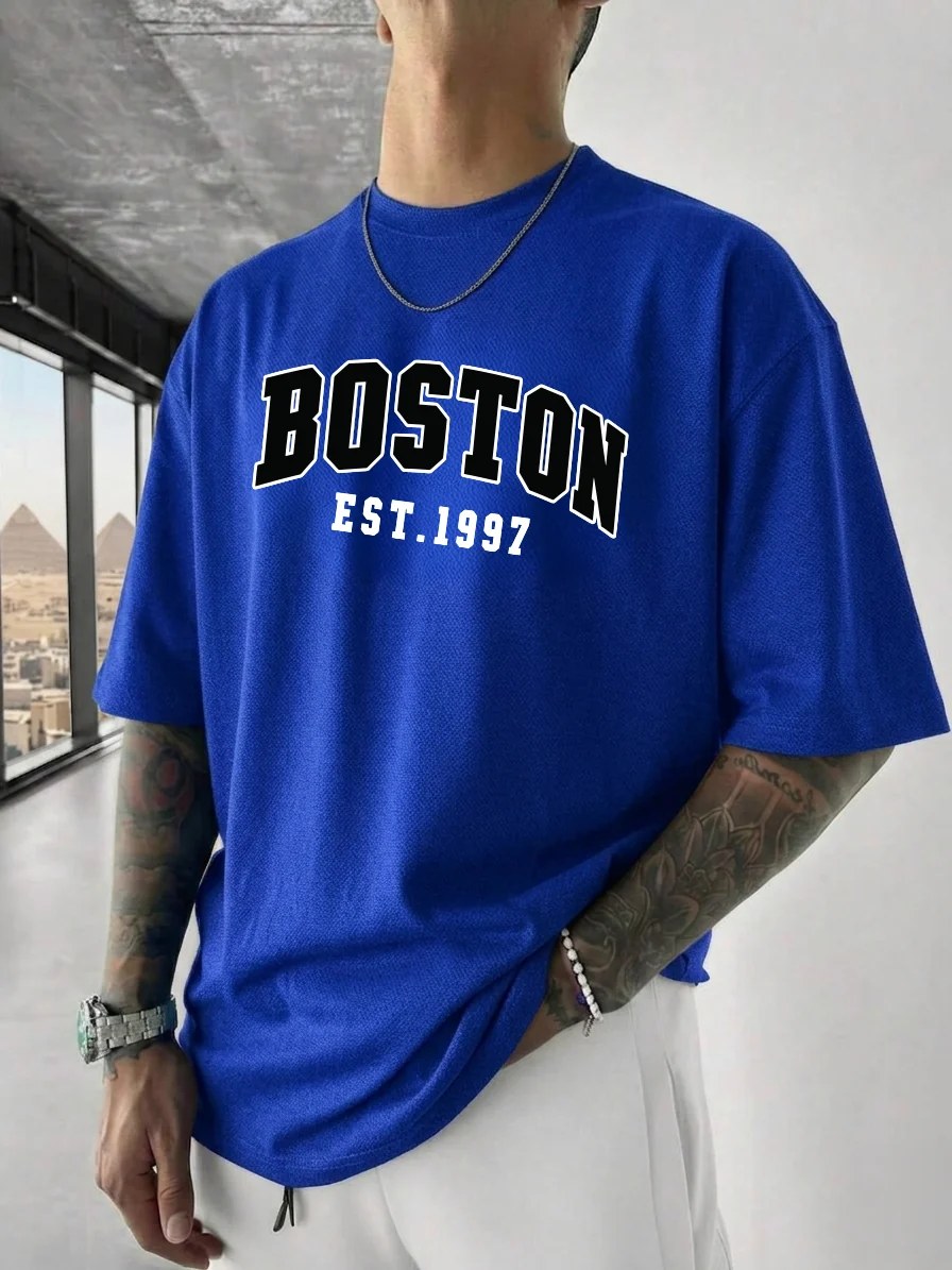 تيشيرت أوفر سايز قطن 100% بطبعة Boston ستايل كاجوال مريح