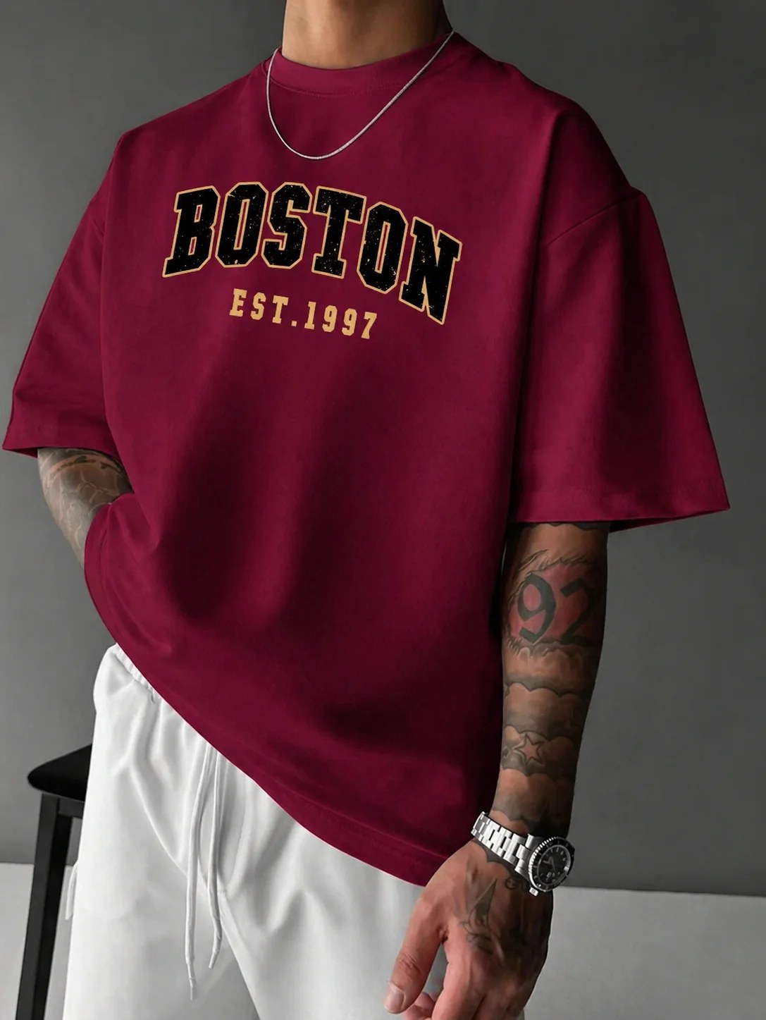 تيشيرت أوفر سايز قطن 100% بطبعة Boston ستايل كاجوال مريح
