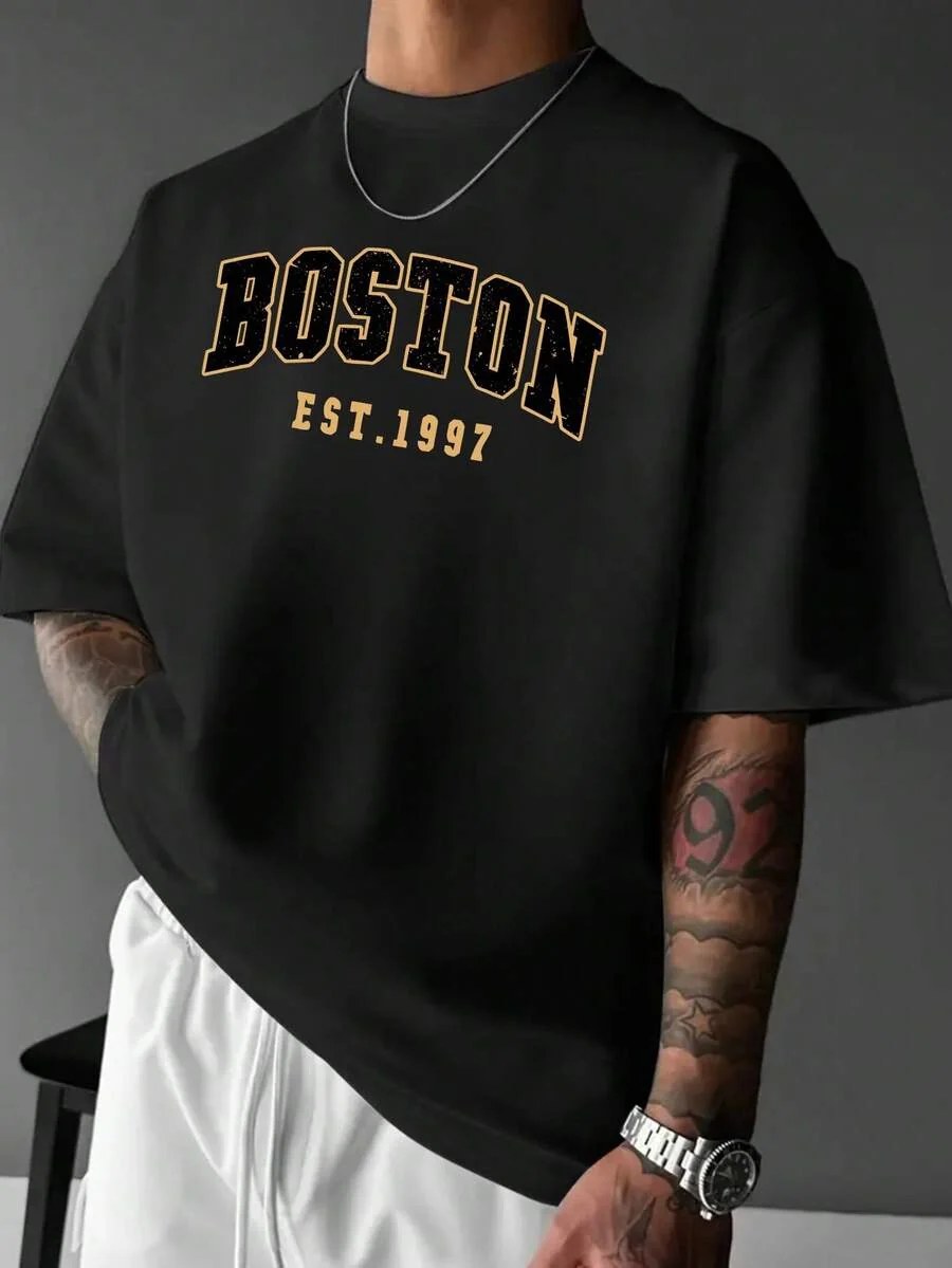 تيشيرت أوفر سايز قطن 100% بطبعة Boston ستايل كاجوال مريح