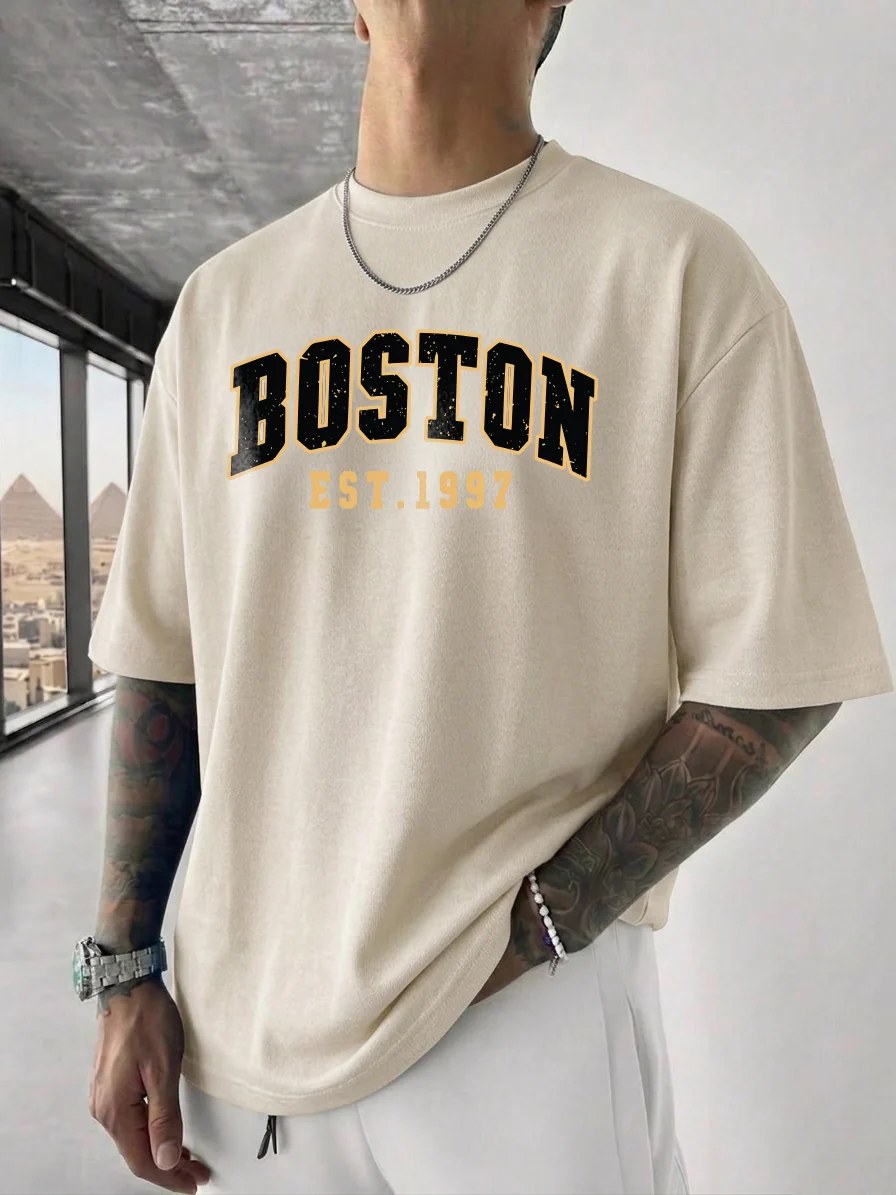 تيشيرت أوفر سايز قطن 100% بطبعة Boston ستايل كاجوال مريح