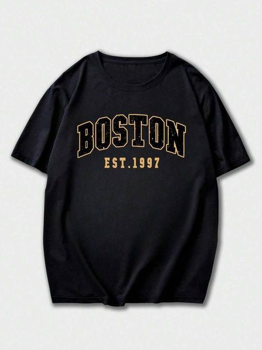 ILEERA® Premium Cotton Oversized Boston Graphic Casual T-Shirt