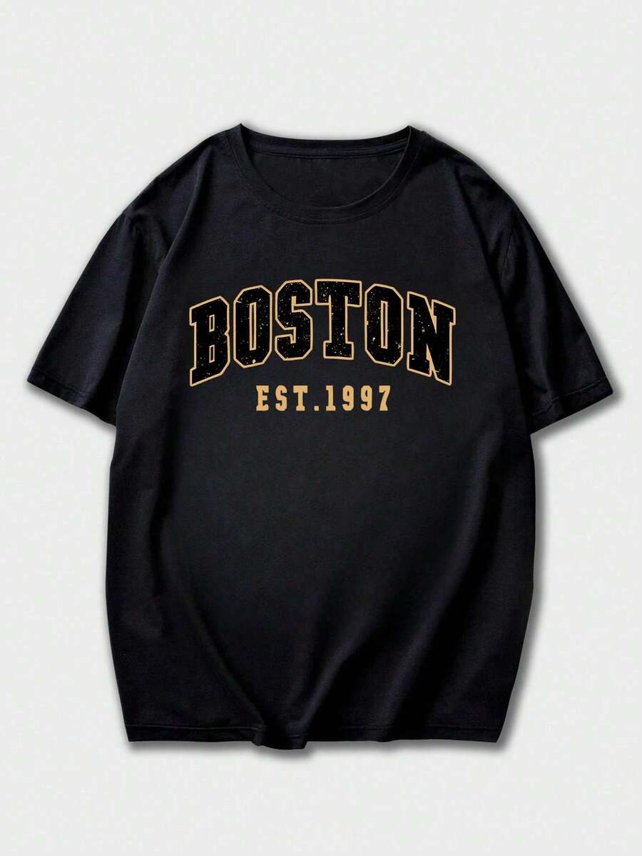 تيشيرت أوفر سايز قطن 100% بطبعة Boston ستايل كاجوال مريح