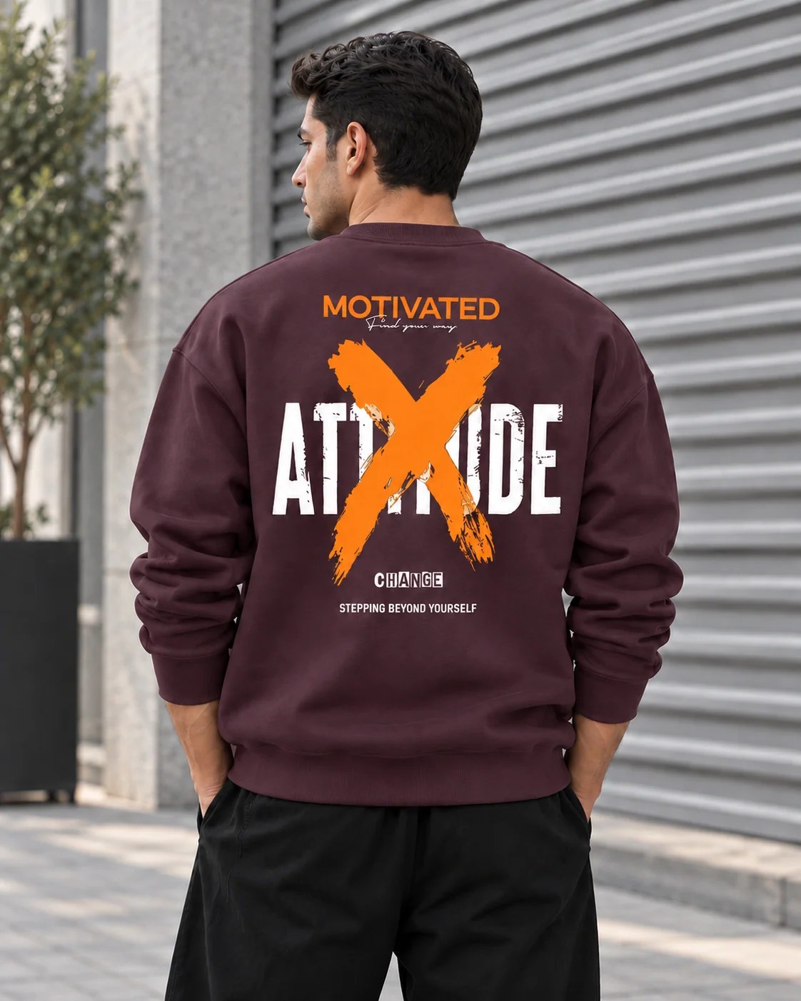 ILEERA® Premium Cotton Motivated Attitude Front & Back Print Crewneck Sweatshirt