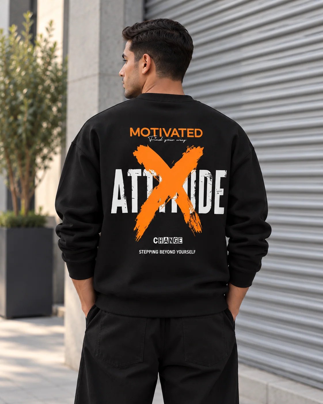 ILEERA® Premium Cotton Motivated Attitude Front & Back Print Crewneck Sweatshirt