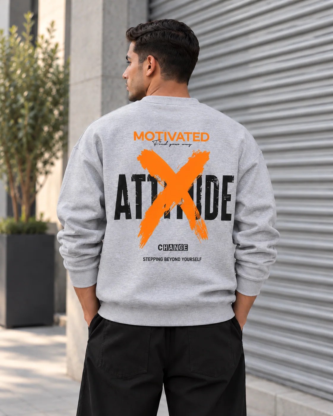 ILEERA® Premium Cotton Motivated Attitude Front & Back Print Crewneck Sweatshirt