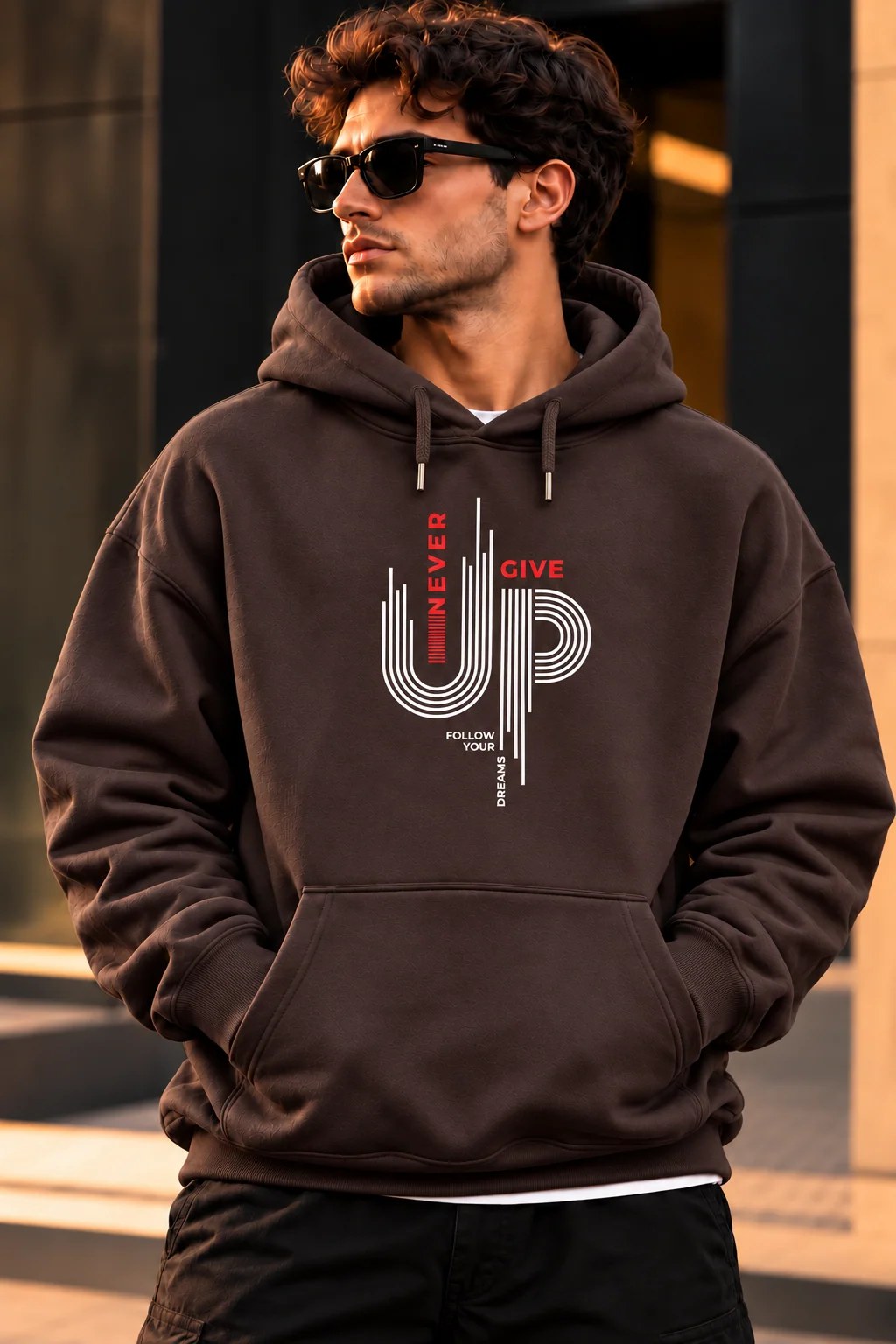 ILEERA® Premium Cotton Never Give Up Graphic Chest Print Hoodie