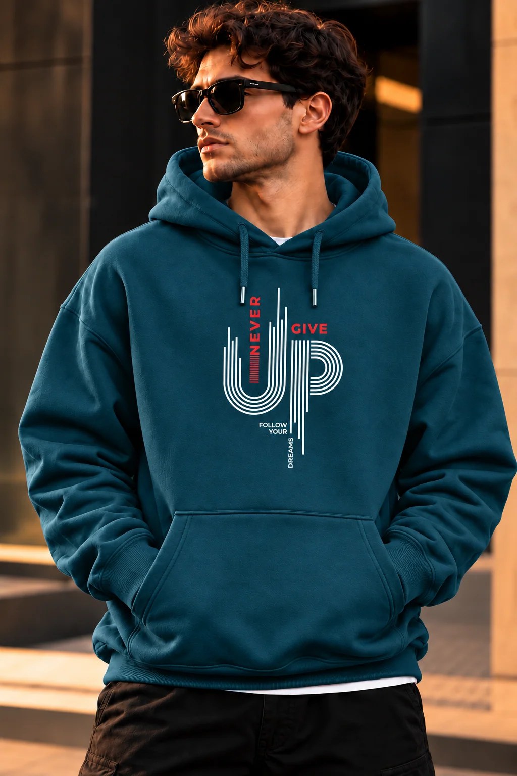 ILEERA® Premium Cotton Never Give Up Graphic Chest Print Hoodie