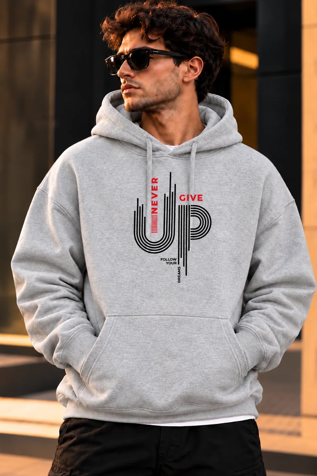 ILEERA® Premium Cotton Never Give Up Graphic Chest Print Hoodie