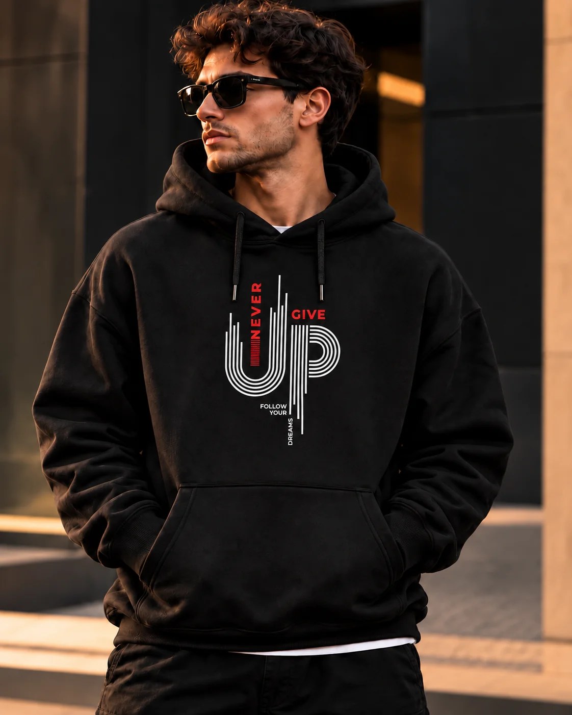 ILEERA® Premium Cotton Never Give Up Graphic Chest Print Hoodie
