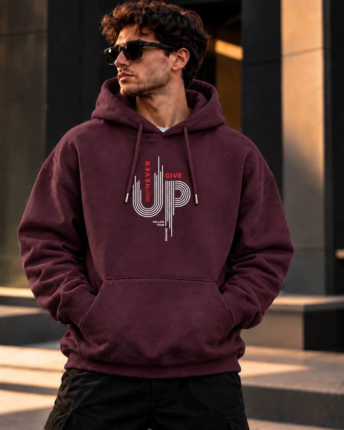 ILEERA® Premium Cotton Never Give Up Graphic Chest Print Hoodie
