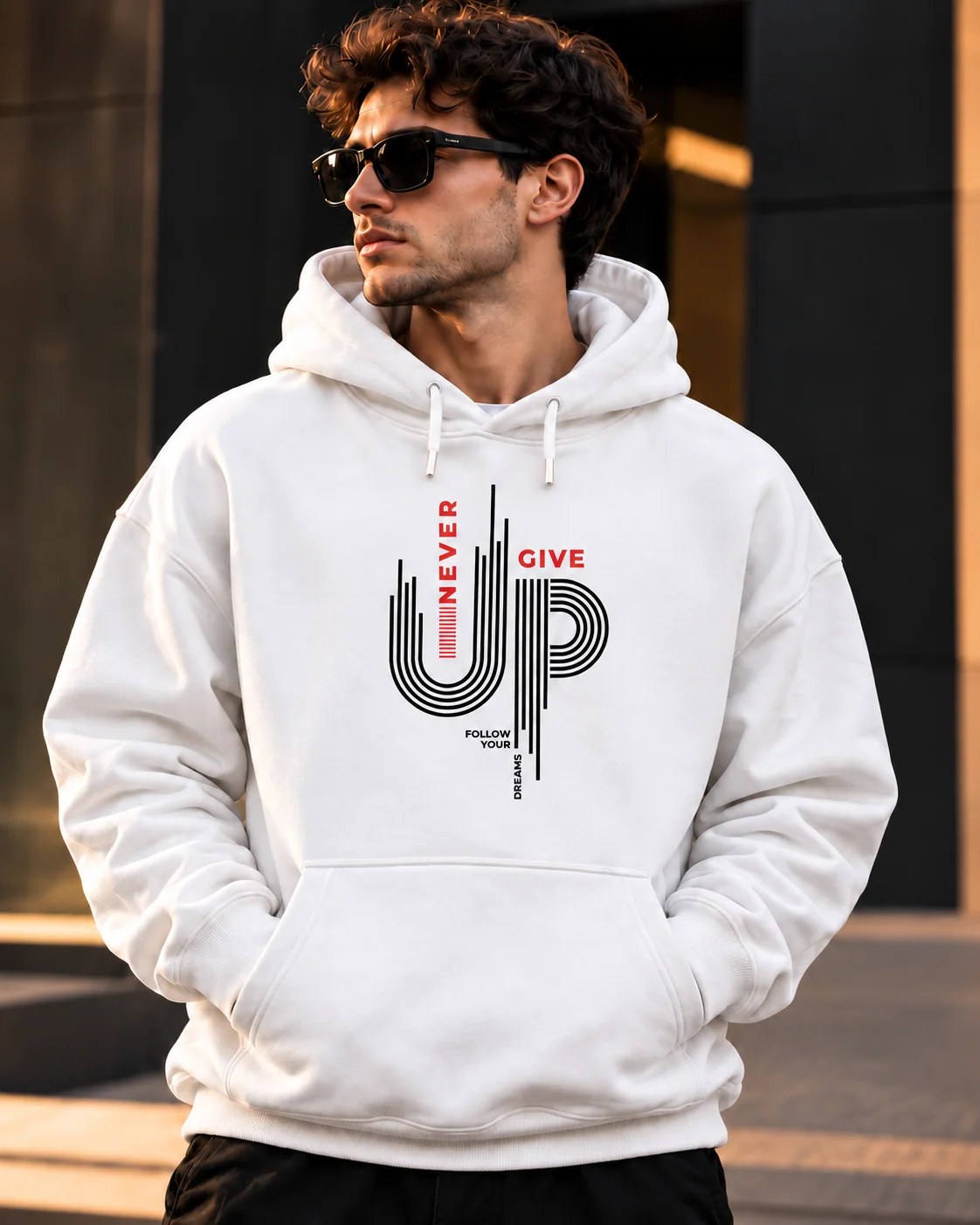 ILEERA® Premium Cotton Never Give Up Graphic Chest Print Hoodie