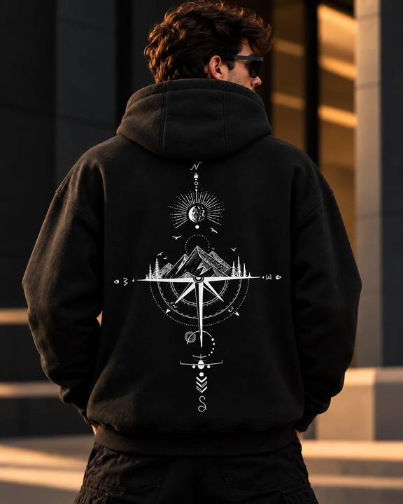 ILEERA® Premium Cotton Mountain Compass Front & Back Print Hoodie