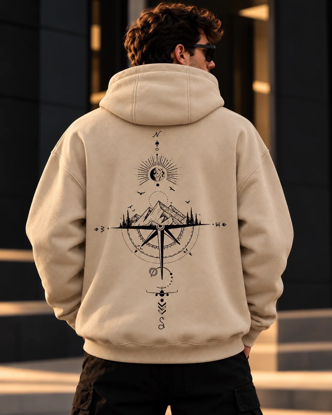 ILEERA® Premium Cotton Mountain Compass Front & Back Print Hoodie