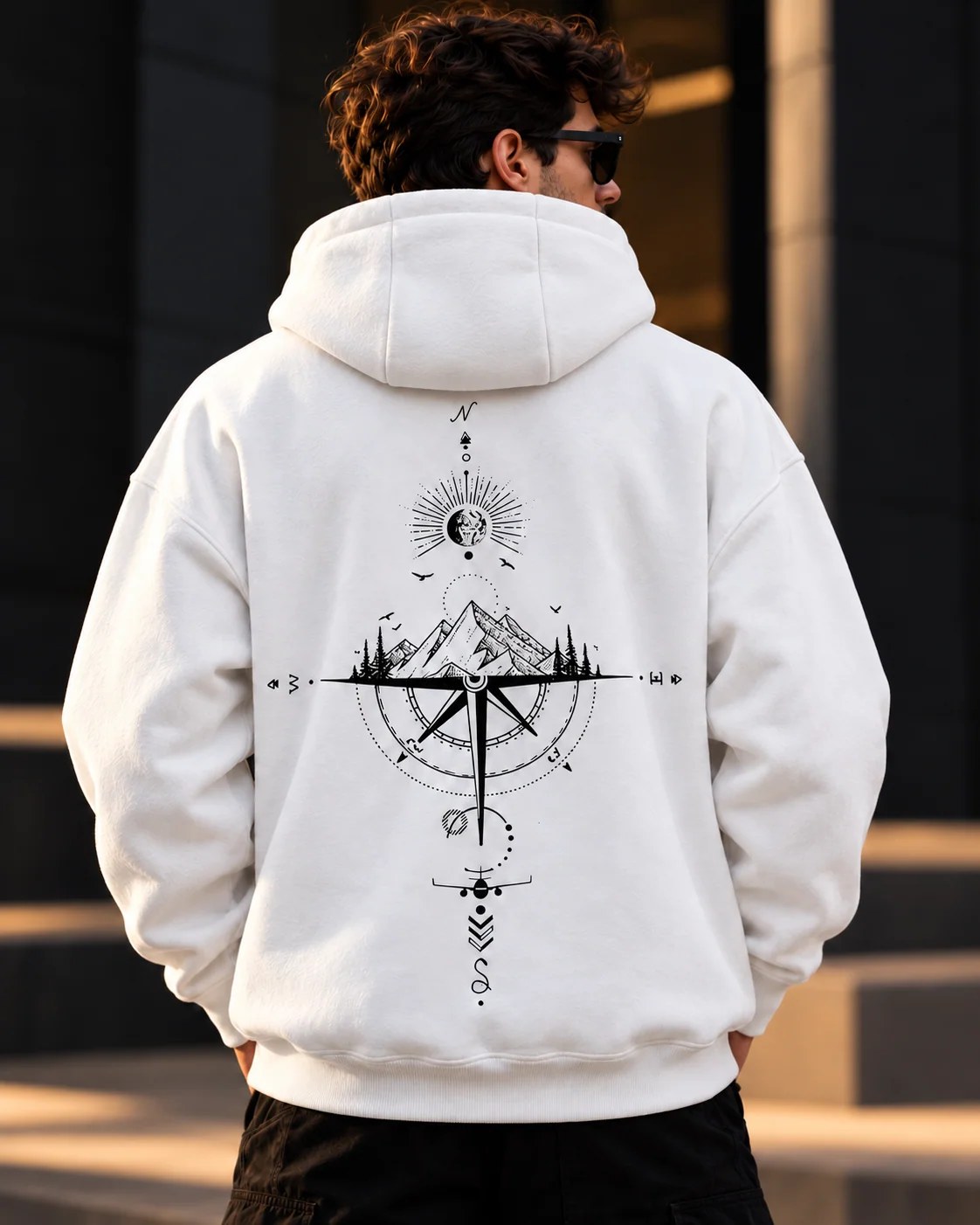 ILEERA® Premium Cotton Mountain Compass Front & Back Print Hoodie
