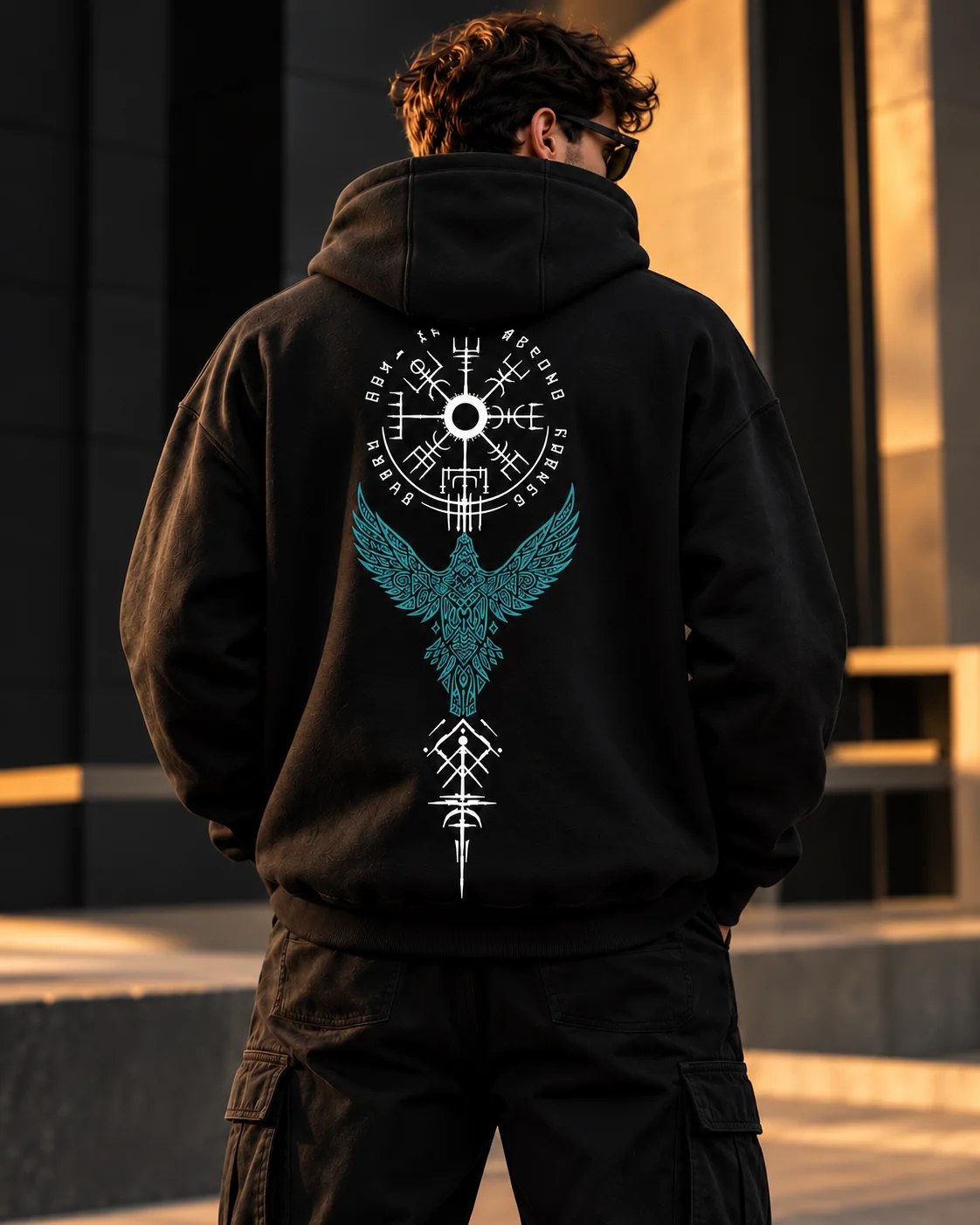 ILEERA® Premium Cotton Runic Raven Front & Back Print Hoodie