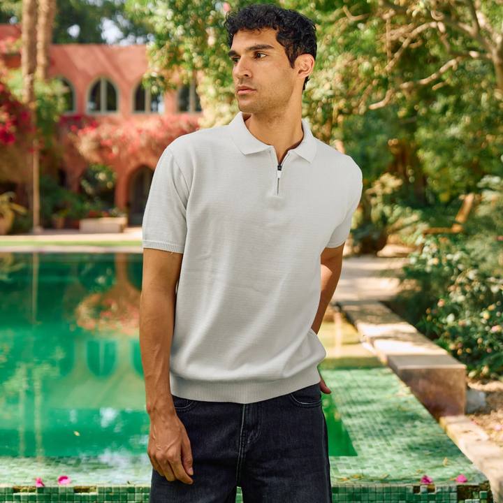 Beige Knit Zip-Up Polo