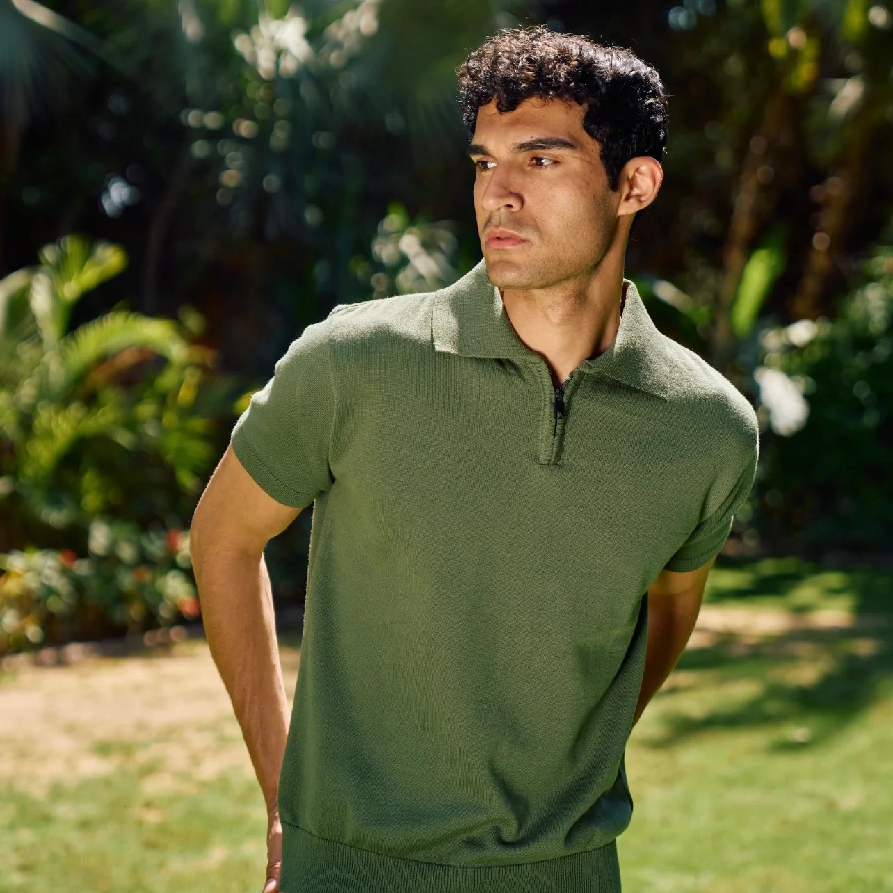 Olive Green Knit Zip-Up Polo