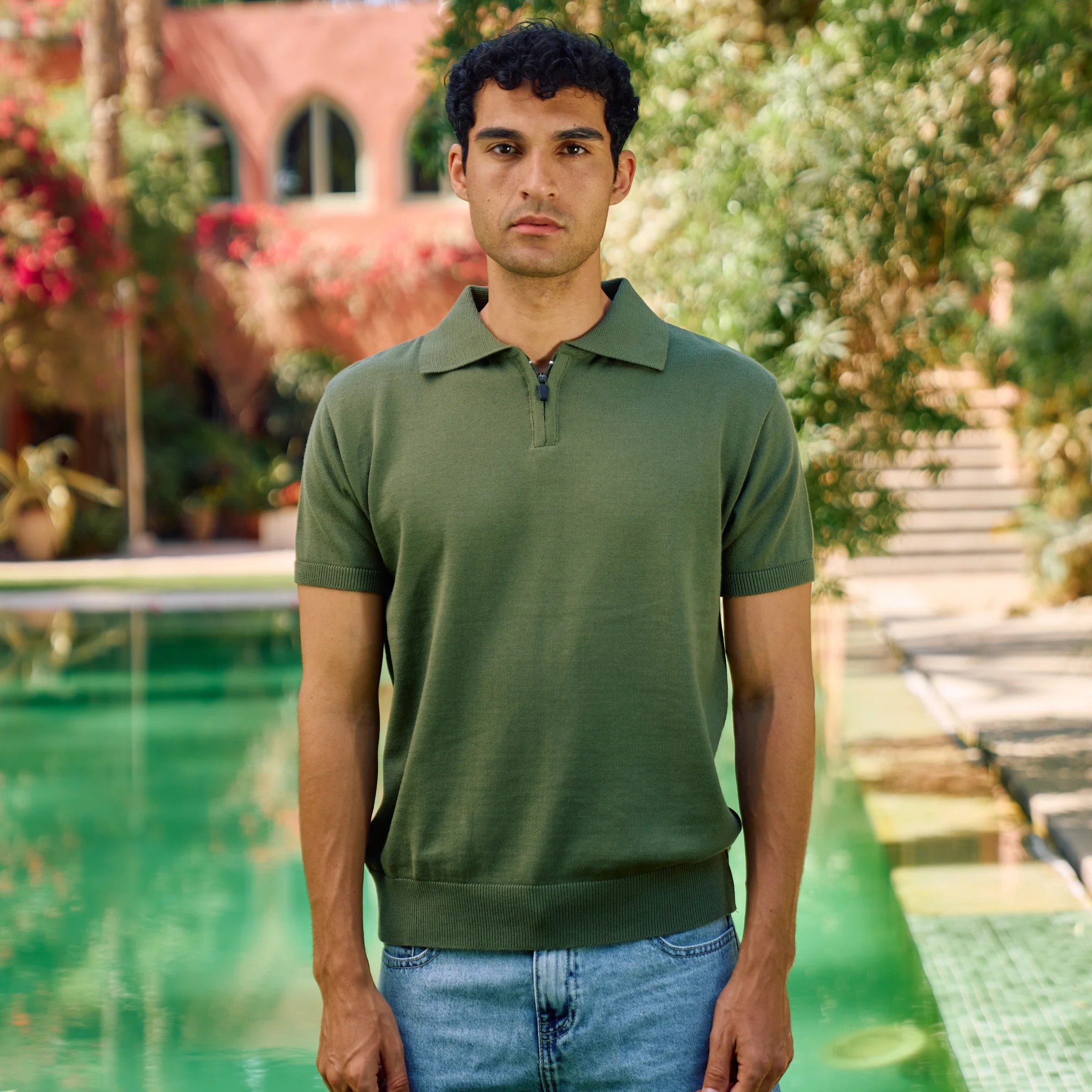 Olive Green Knit Zip-Up Polo