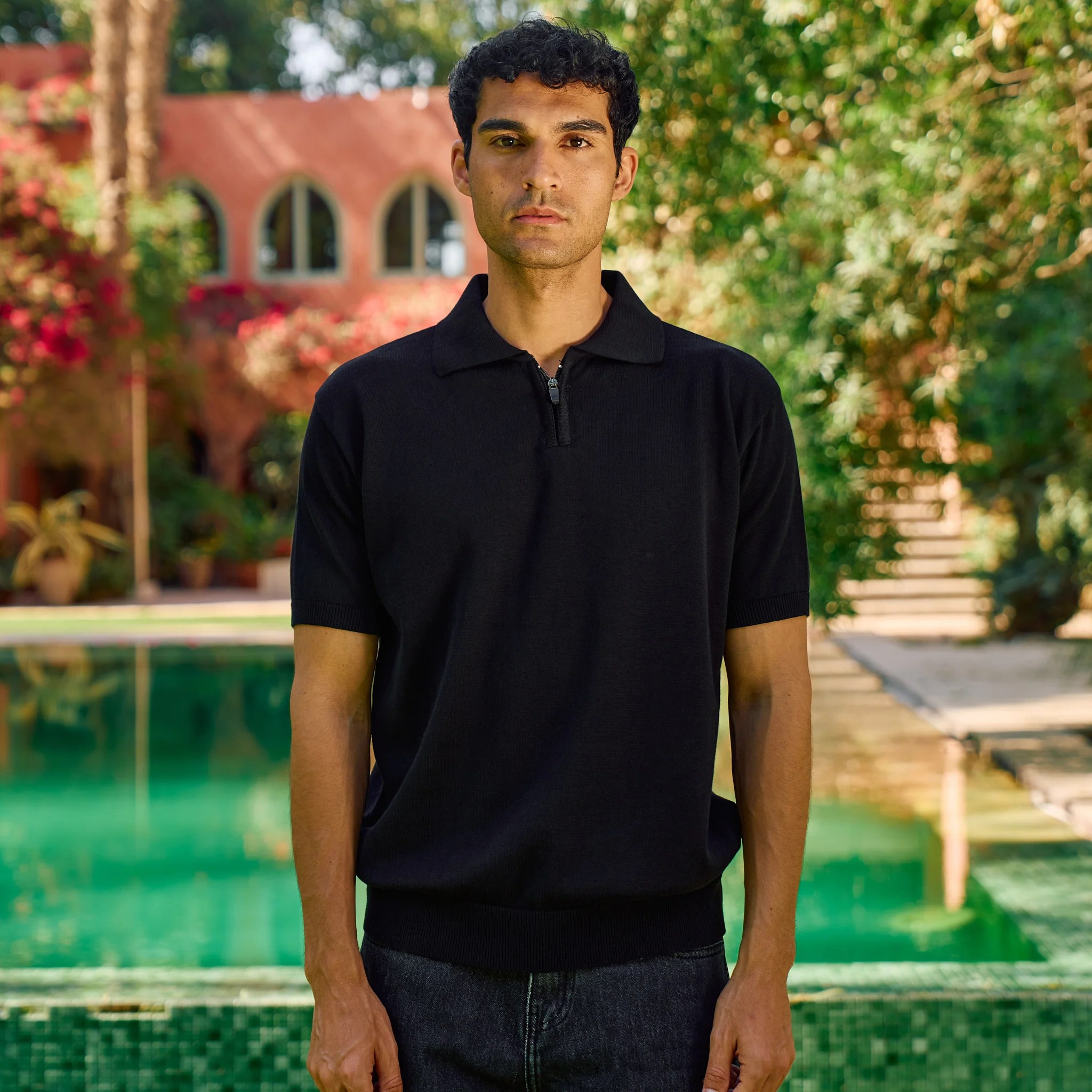 Black Knit Zip-Up Polo