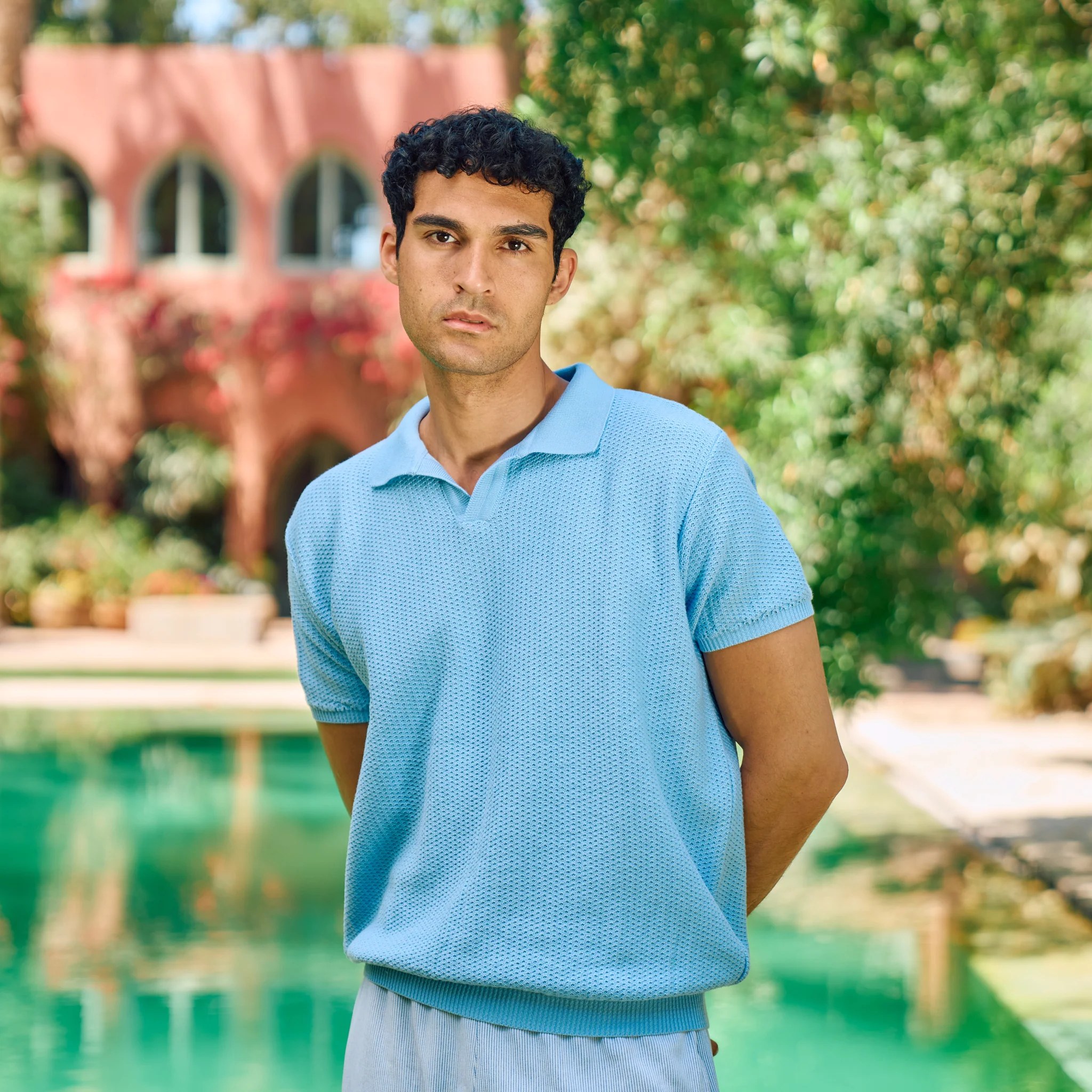 Sky Blue Knit V-Neck Polo