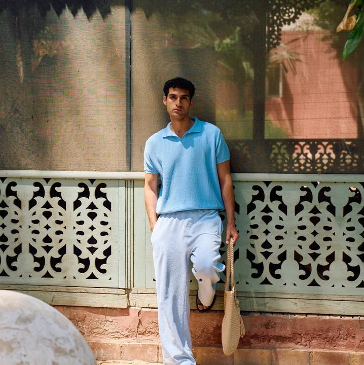 Sky Blue Knit V-Neck Polo