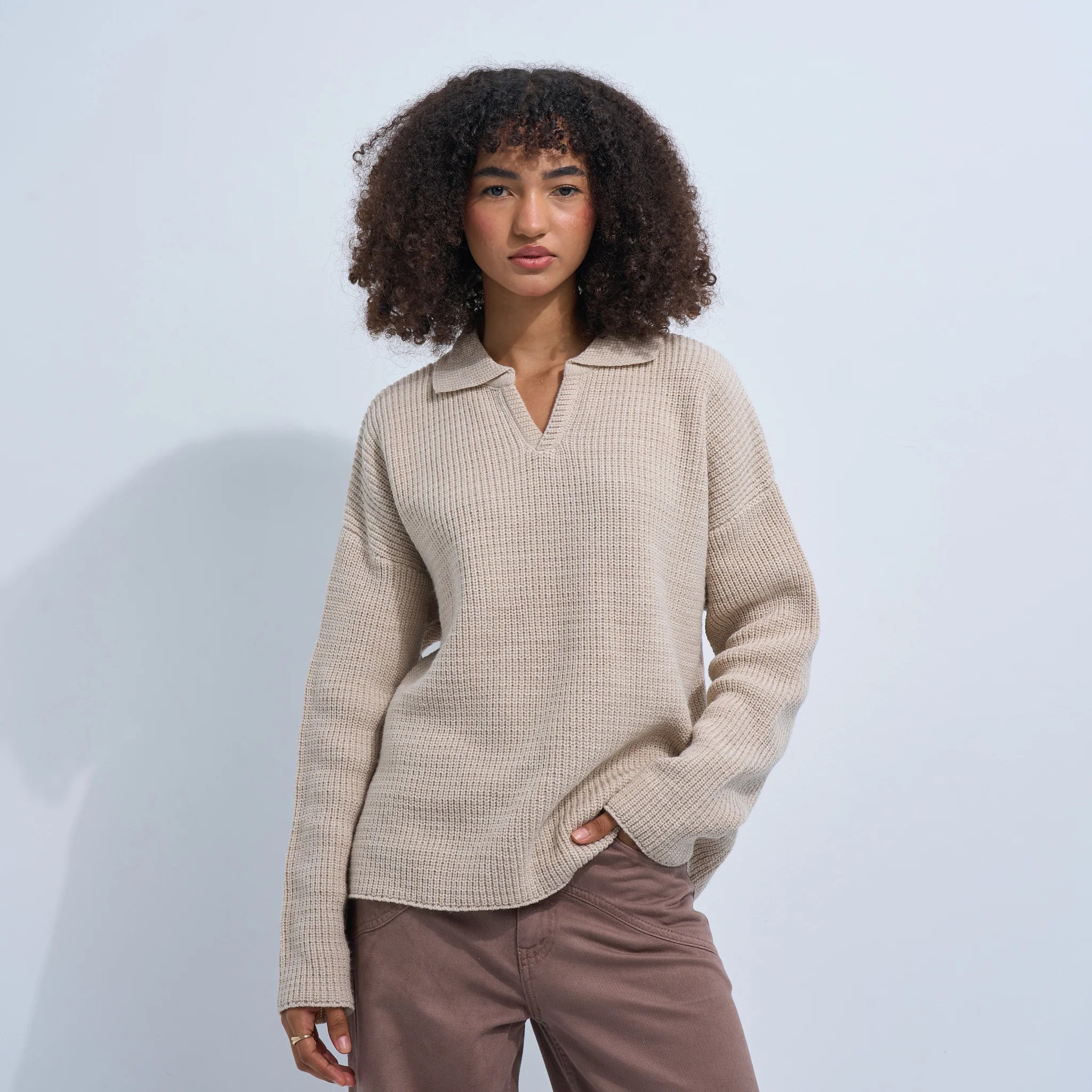 Beige Women's Knit V-neck
