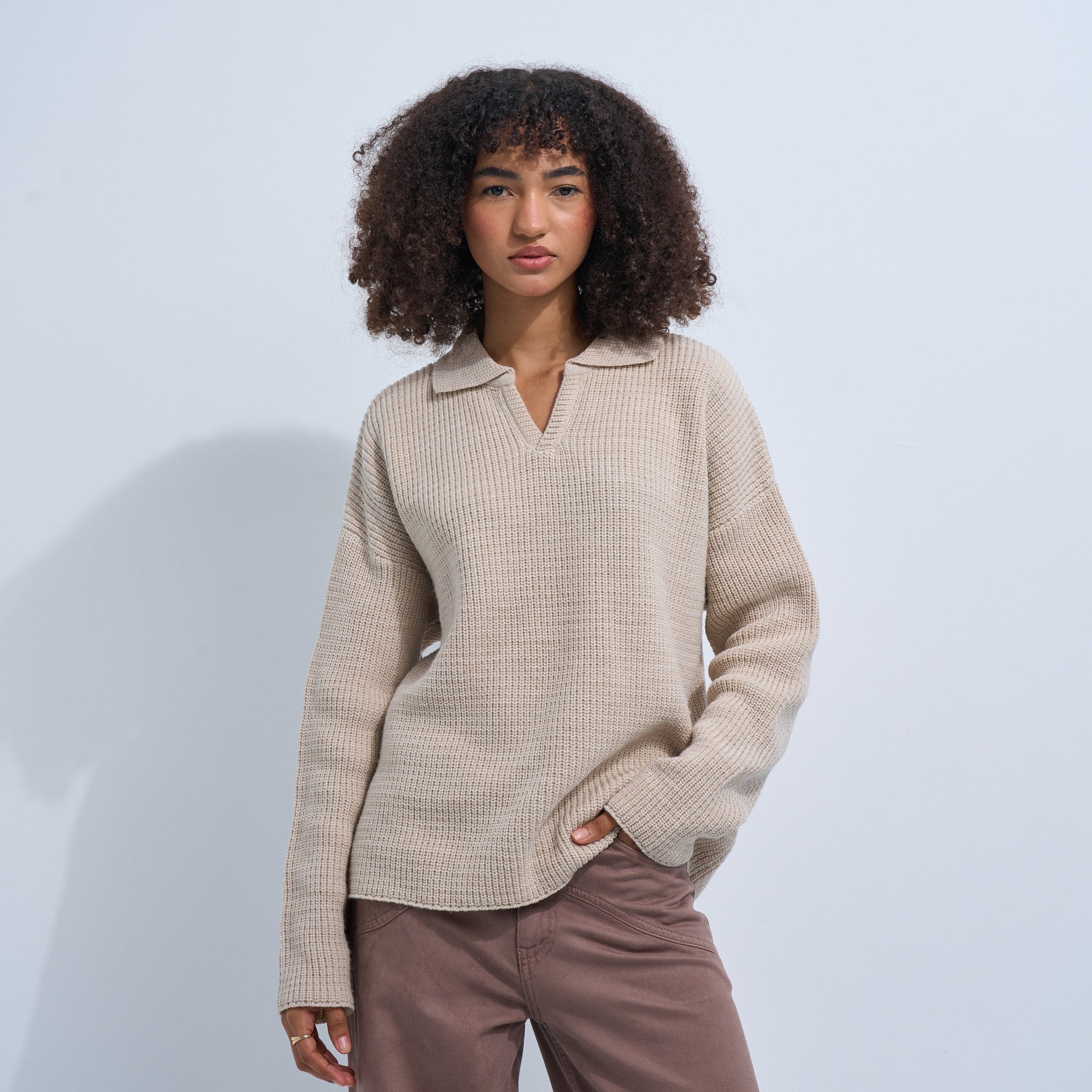 Beige Women's Knit V-neck