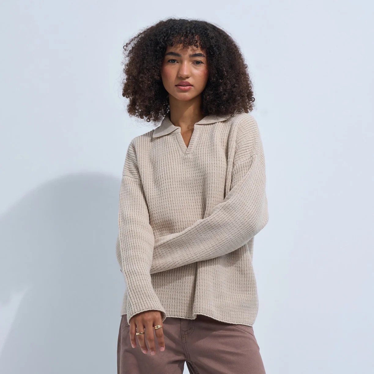 Beige Women's Knit V-neck