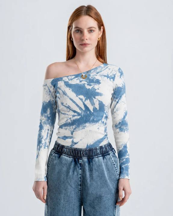 One-Shoulder Tie-Dye Top-SKYBLUE