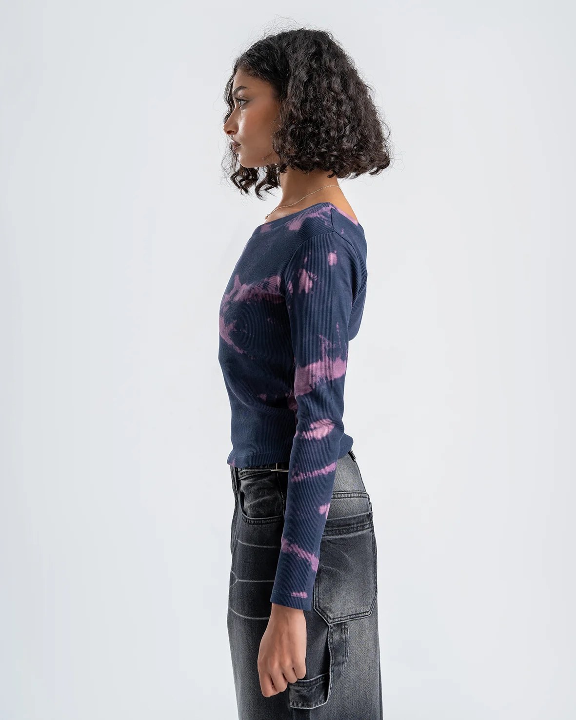 One-Shoulder Tie-Dye Top-Navy