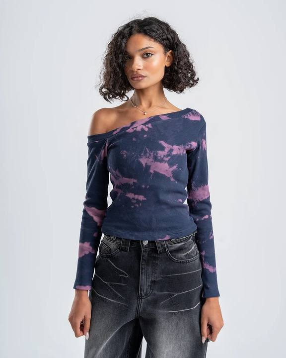 One-Shoulder Tie-Dye Top-Navy