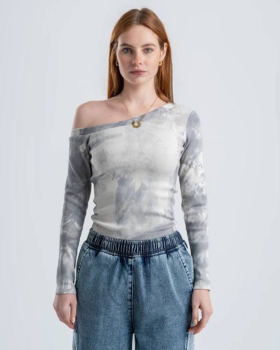 One-Shoulder Tie-Dye Top-gray