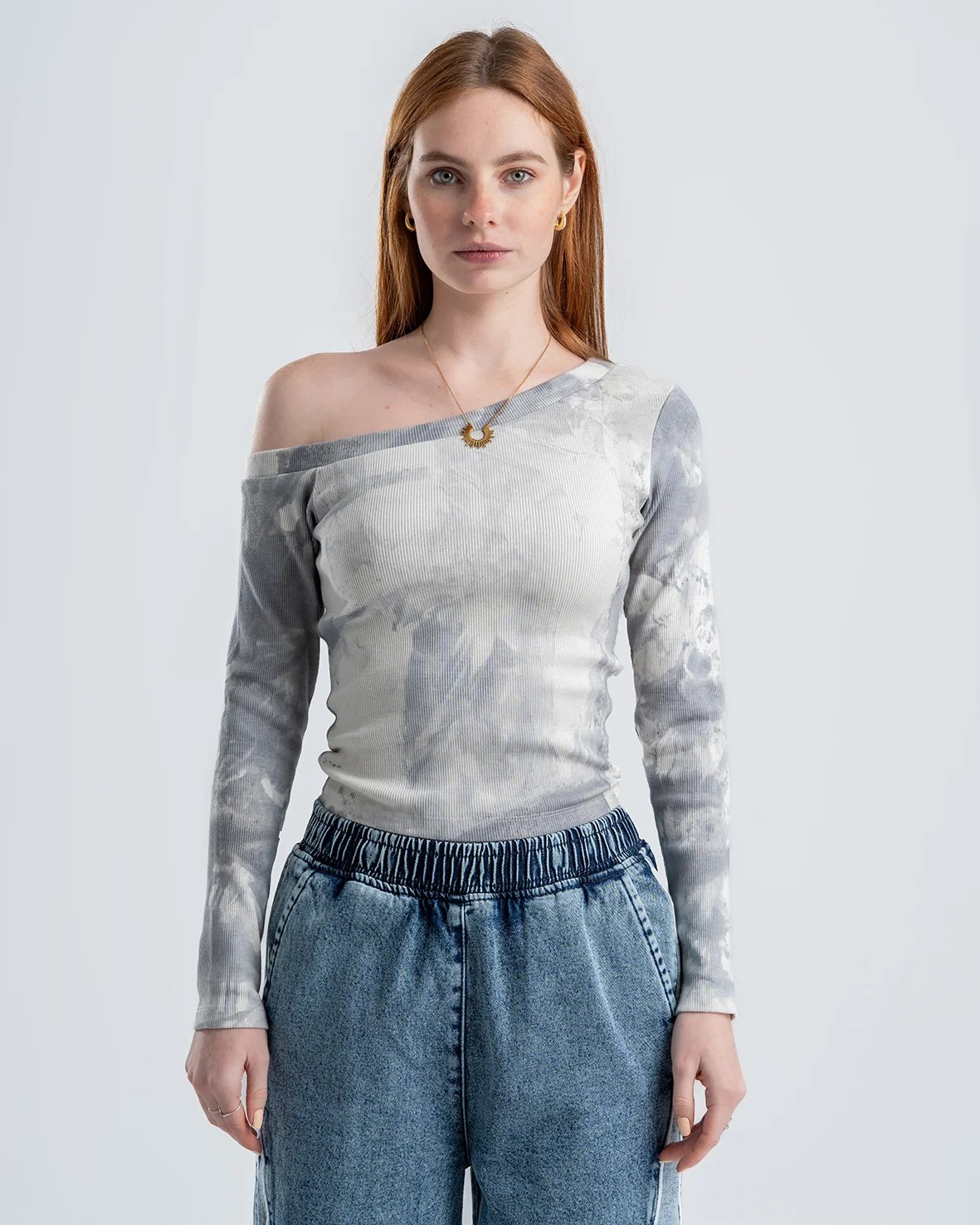 One-Shoulder Tie-Dye Top-gray