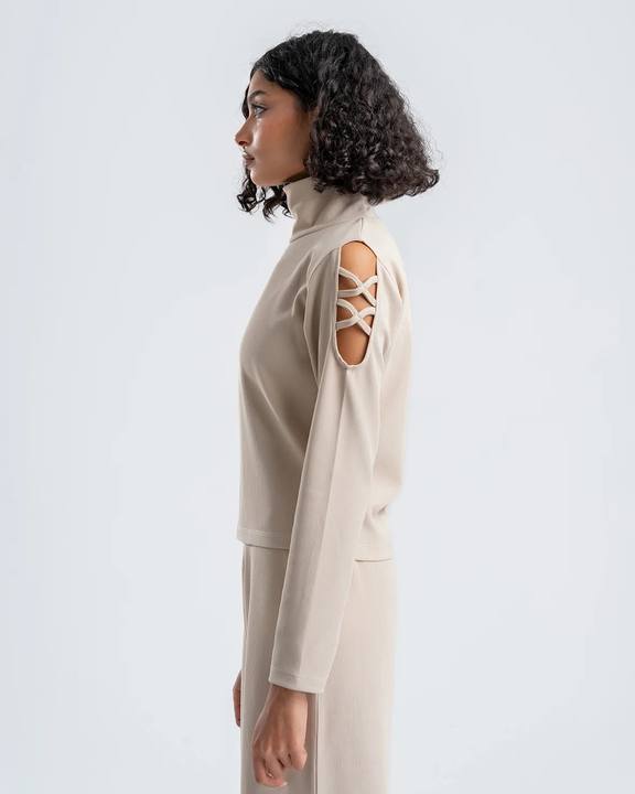 Beige Ribbed Turtleneck Blouse