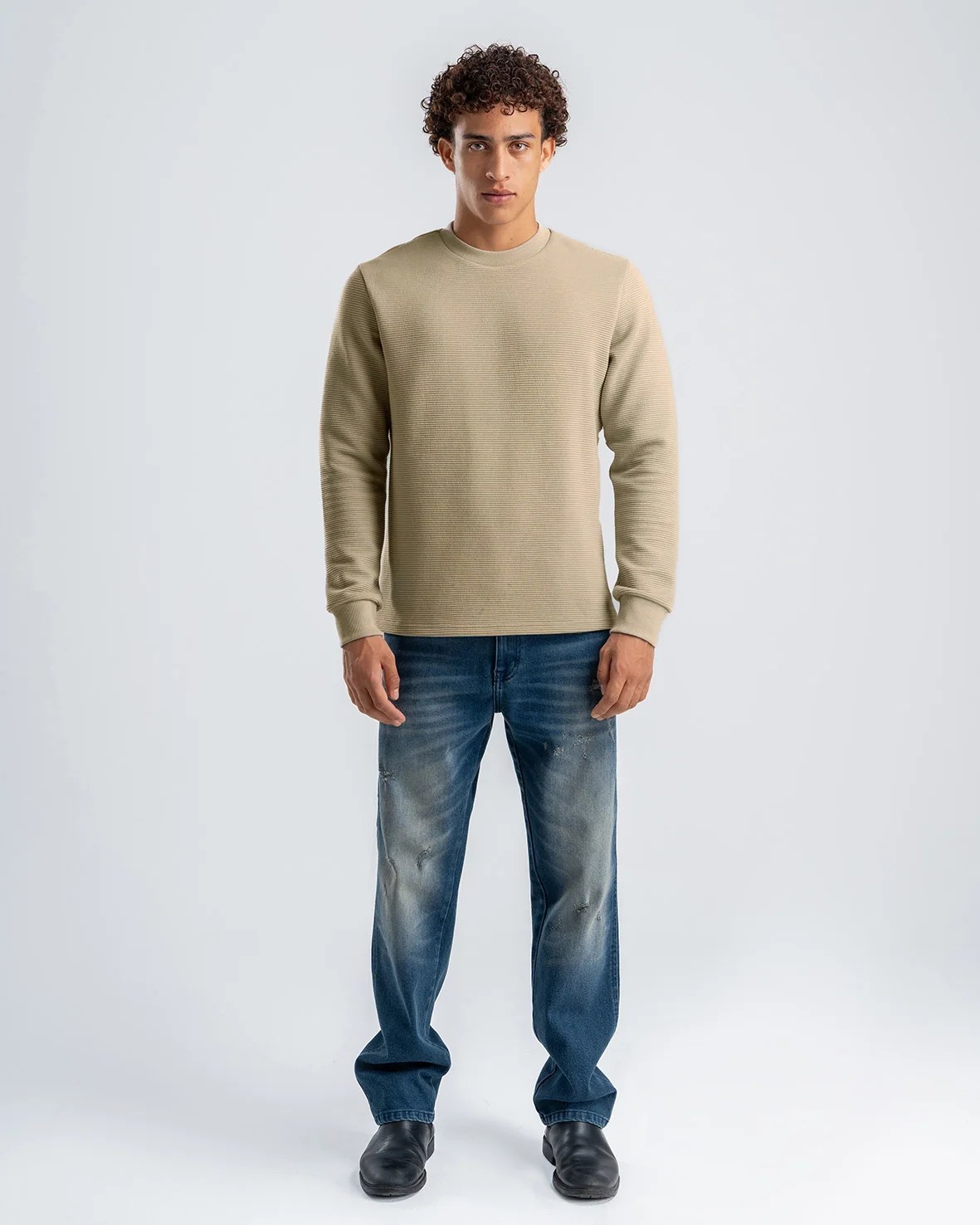Men's Beige Textured Long Sleeve Sweater