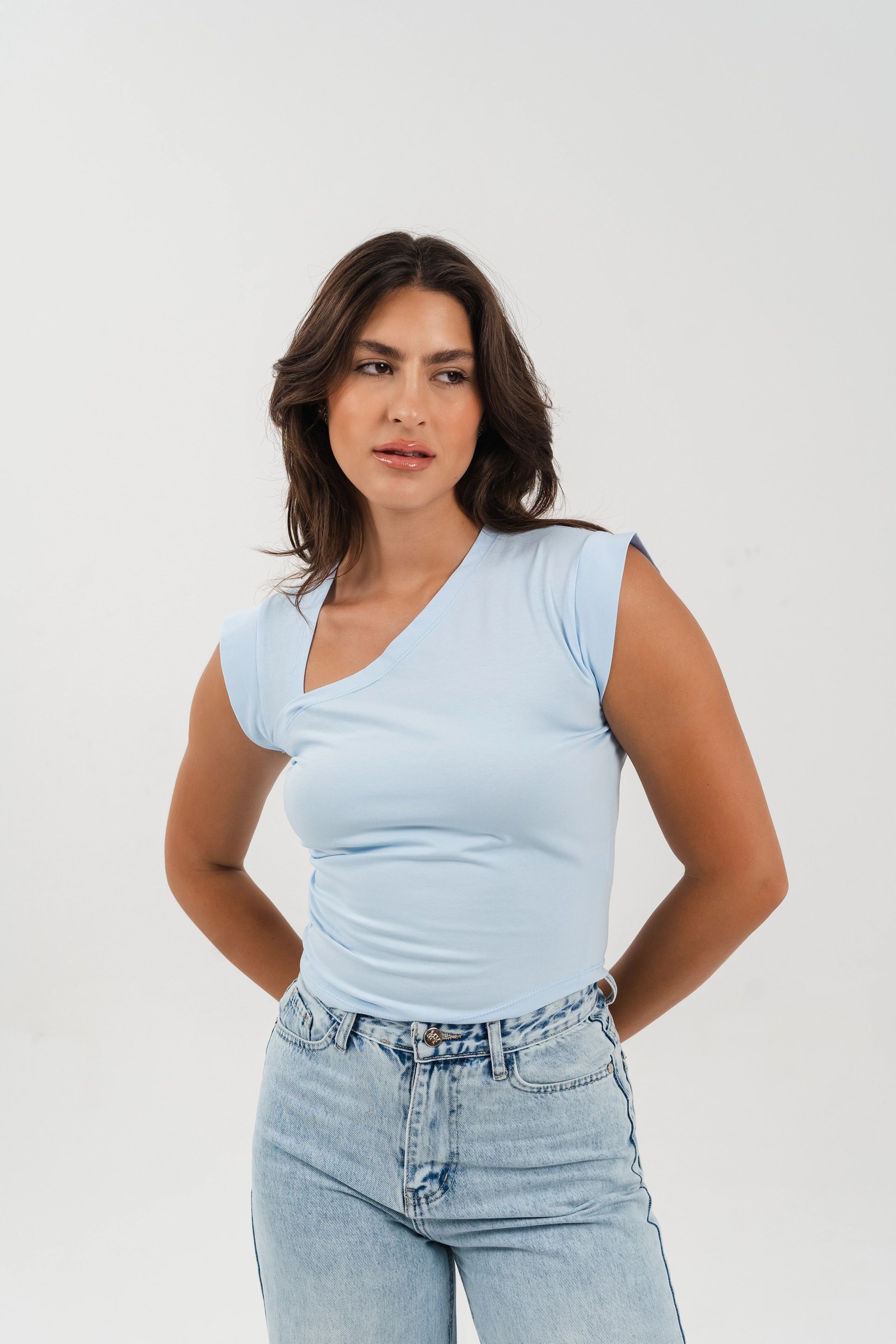 Quarter Sleeve Cropped Shirt - Sky Blue