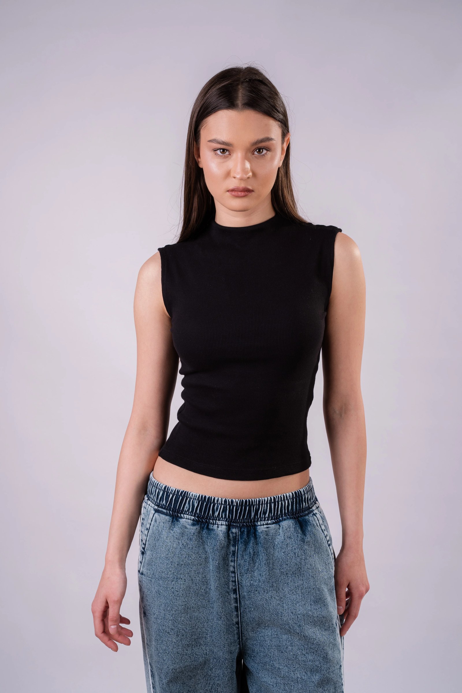 High Neck Rib Top - Black