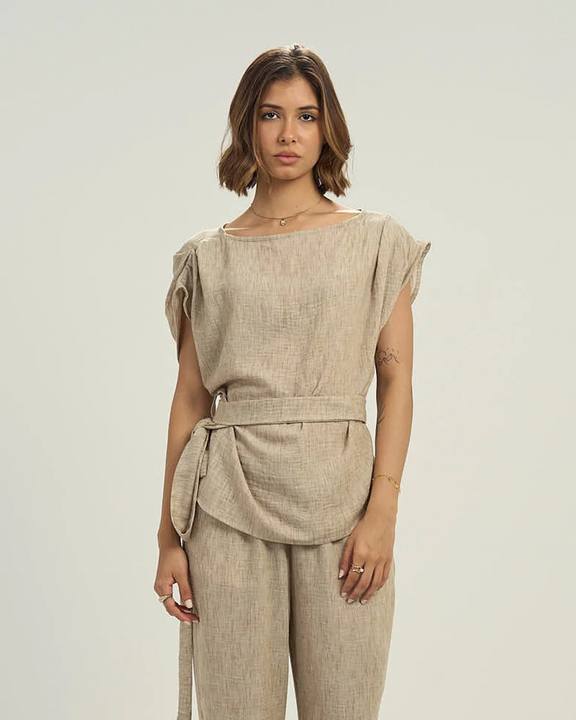 Women's Linen-Blend Draped Top with Waist Tie beige