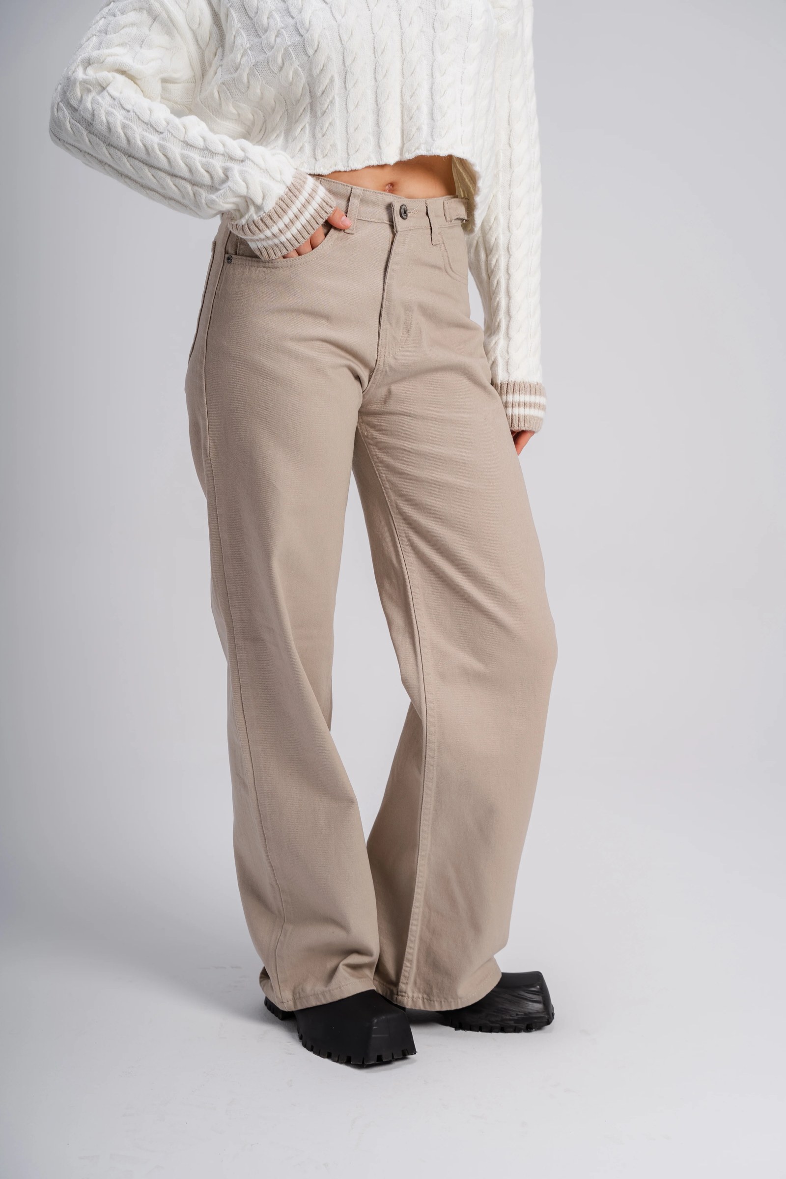 Wide, Modern  Beige Gabardine Pants